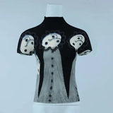 LANMREM niche printting short sleeve pleated t-shirt tee for famle 2025 summer new trend stretch Turtleneck tops women YJ782