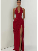 Solid Satin Cowl Neck Women's Dress Elegant Sleeveless Ruched Waist Fishtail Bodycon Lady Vestido 2026 Summer Party Dresses