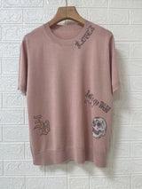 2026 Spring Summer Women Knit Thin Tshirt Skull Letter Rhinestone Short-sleeved Lady Round Neck Casual Knitted Tee
