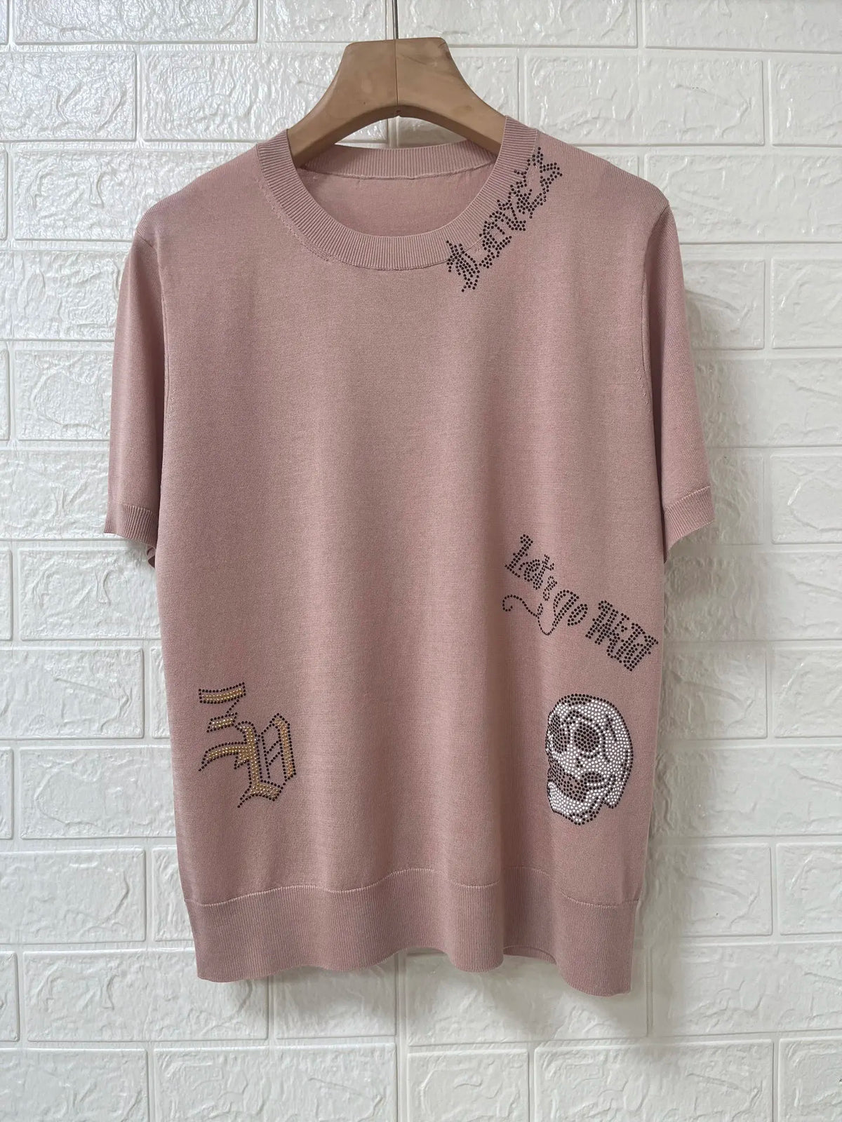 2026 Spring Summer Women Knit Thin Tshirt Skull Letter Rhinestone Short-sleeved Lady Round Neck Casual Knitted Tee