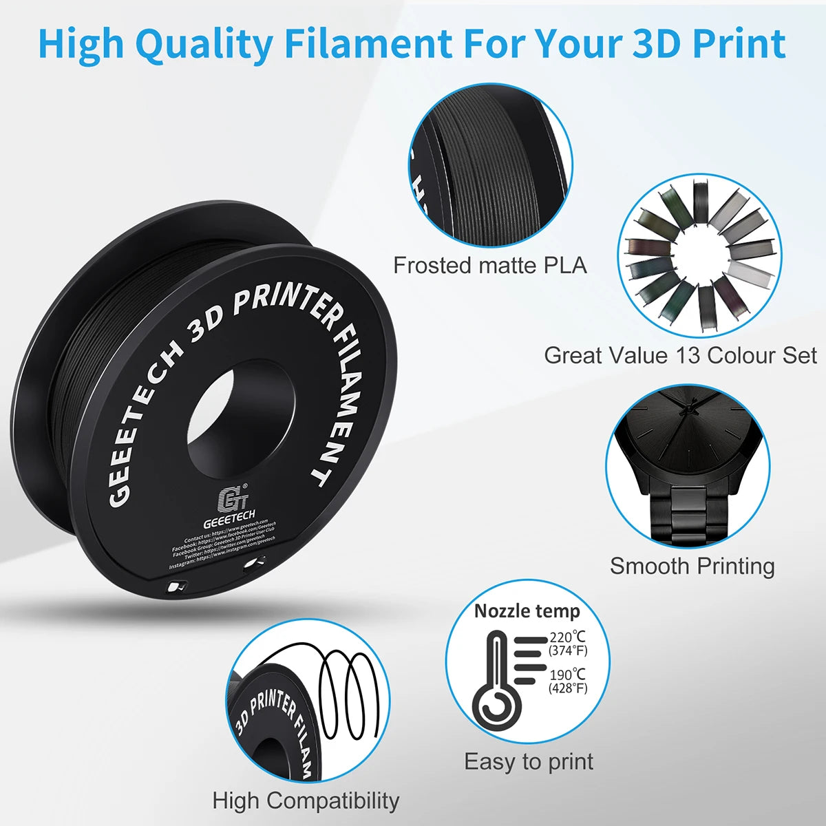 GEEETECH 10Kg 3d Matte PLA Filament 1.75mm Spool Wire For 3D Printer Material,Safety, Vacuum packaging
