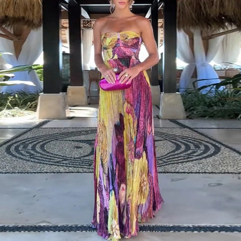 Summer Hollow Pattern Printed Long Dresses Casual Sleeveless Swing Beach Dress Sexy Off Shoulder High Waist Pleated Party Dress
