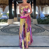 Summer Hollow Pattern Printed Long Dresses Casual Sleeveless Swing Beach Dress Sexy Off Shoulder High Waist Pleated Party Dress