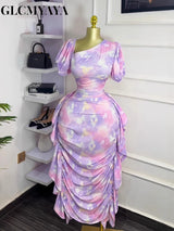 GLCMYAYA Women Tie Dye Printed Skew Neck Ruched Stacked Bodycon Midi Maxi Long Dress 2025 Vacation Holiday Sexy Vestidos Dresses