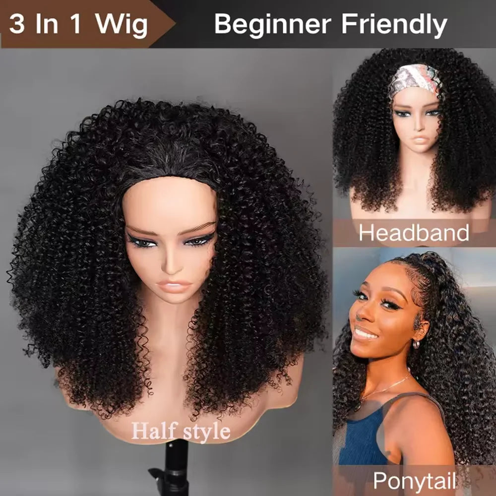 Remy Human hair Wigs Kinky Curly Headband Wig Upgrade 3 IN 1 Half Wig With Drawstring Seamless Clip In Hair Wigs 200 Density