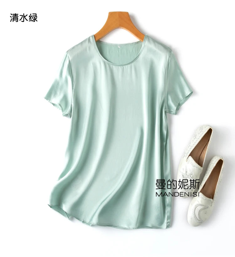 Benefits! Flowing Gem Series Basic Style Versatile Round Neck 100% Mulberry Silk Short Sleeve Silk Satin T-Shirt Top