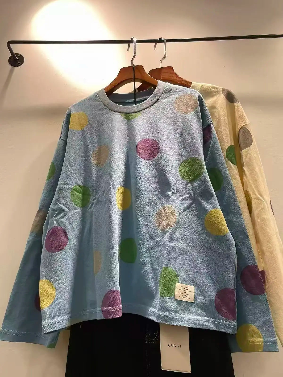 Women's 100% Cotton Colorful Polka Dot Long Sleeve T-Shirt Japanese Style Crew Neck Loose Fit Casual Tee with Printed Big Dots