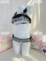 Sweet Cute Hot Girl Sexy Suspender Swimsuit Summer Casual Plaid Bow V Neck Lace Pleated Vacation Beach Black Bikinis Set Women