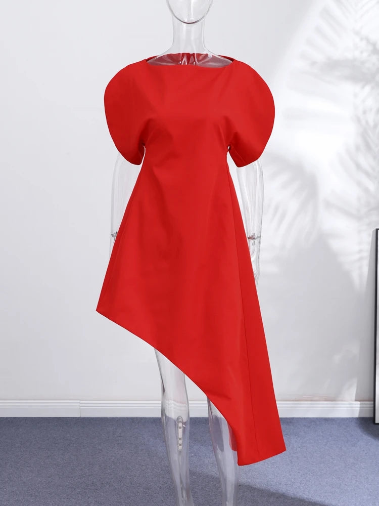 Asymmetric Hem Puff Sleeve Midi Dress Solid Boat Neck Slim Fit 2026 Summer Chic Elegant Party Women Evening Office Evening Gown