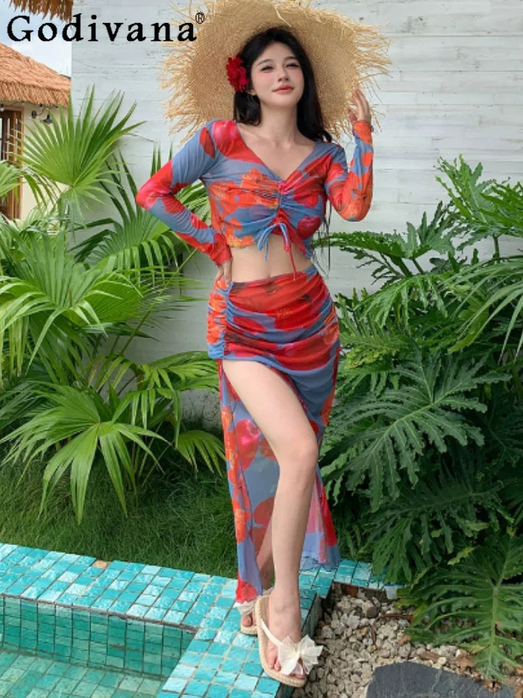 Large Size 5XL Women Bikini Four-piece Split Hot Spring Swimwear Beach Sexy Vacation Long Sleeve Fashion Pool Party Swimsuit Set