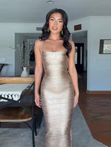 Party Dress Women's Metallic Gold Bandage Dress Spaghetti Straps Square Neck Bodycon Maxi Dresses Club Wear Evening Gown Clothes