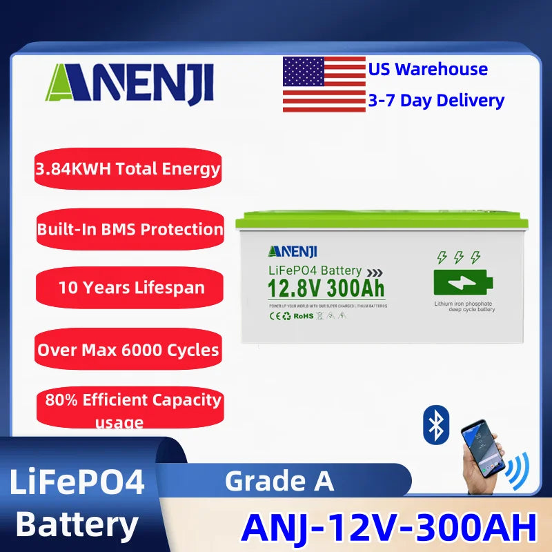 ANENJI 24V 100AH 12.8V 300AH LiFePO4 Battery Deep 6000+ Cycles BMS Lithium Iron Phosphate Battery Solar Energy Lithium Bateria Pack Batteries For RV Inverter Solar Panel