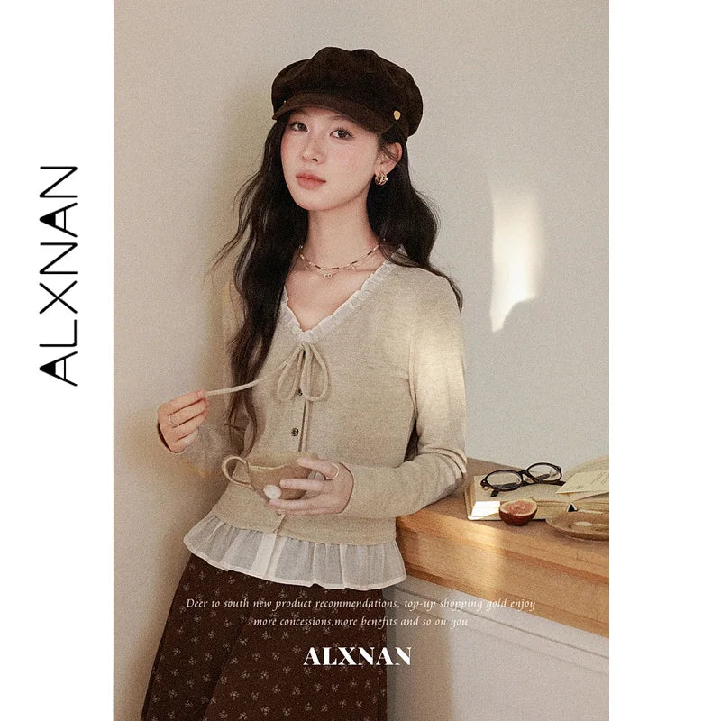 ALXNAN Oat Long Sleeve T-shirt V-neck Thin Strap Bow Buttons Chest Decorated Lace Splicing Neckline and Hem Ladies Tops L67631