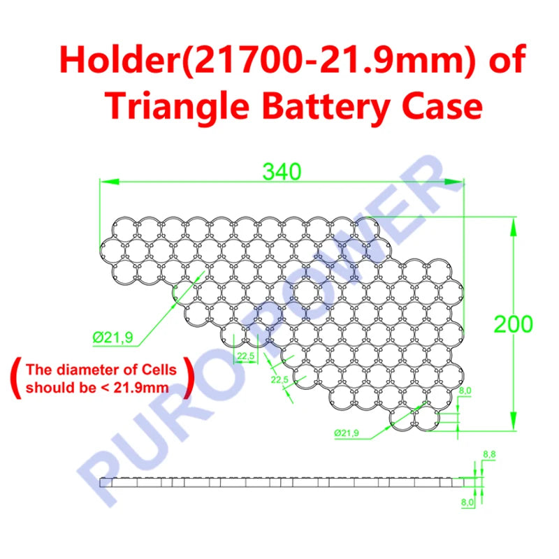 Triangular Battery Box Fits 85pcs 21700 Cells Triangle Case 36V 48V 52V 60V 72V Pre Cut Nickel Strip for DIY EBike Battery Pack