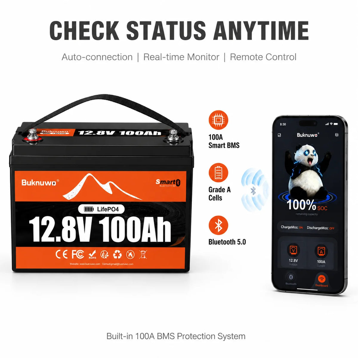 BUKNUWO 12V 100Ah Bluetooth LiFePO4 Lithium Battery, Smart 1280Wh Grade A Cells Battery For RV Boat Solar System