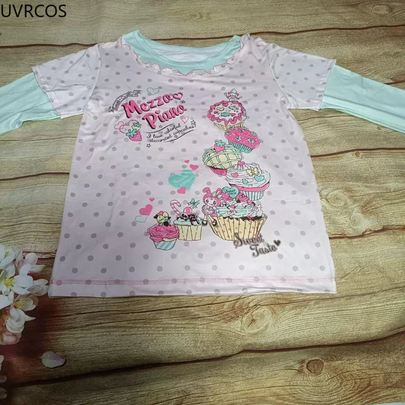 Sweet Kawaii Cartoon Polka Dot Print Women T-shirt Loose Casual Contrast Color Cute Graphic Tee Tops Japan Y2k Aesthetic Tshirts