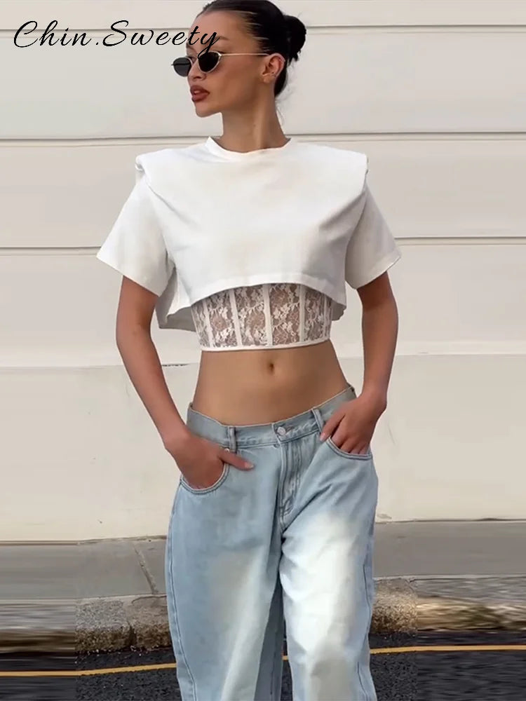 Sexy Women's Lace Patchwork Short Pullover Solid O-neck Half Sleeve Crop Tops Female 2026 Spring Summer Lady Chic All-match Top