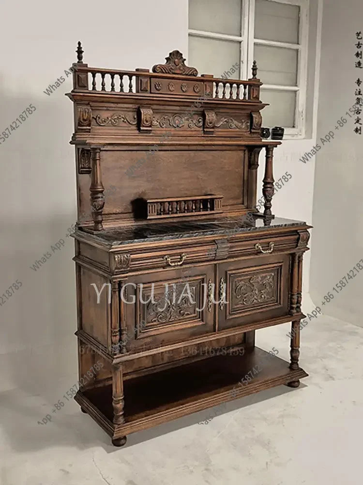 66 Medieval Solid Wood Retro Restaurant Wine Cabinet Tea Cabinet Neoclassical Nostalgic Side Cabinet Living Room Storage Designe