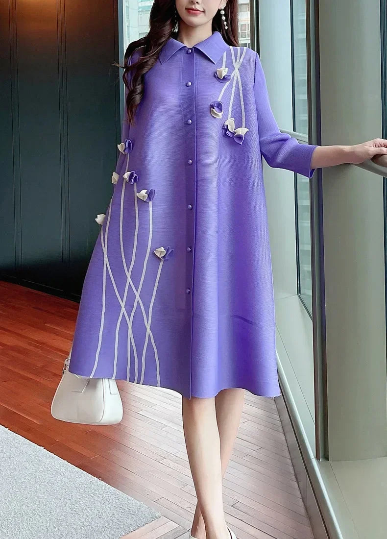 YUDX Miyake Pleated Large Size Dress Lapel Print Loose Large Size Fat Thin Single-breasted Cardigan Dress 2025 Autumn