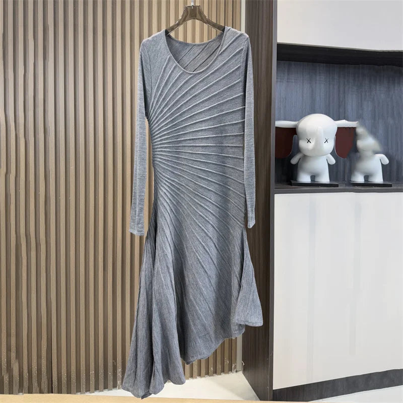 women's dress New elastic slim fit round neck long dress for autumn 2026 asymmetrical knitted casual dress 100% wool party dress