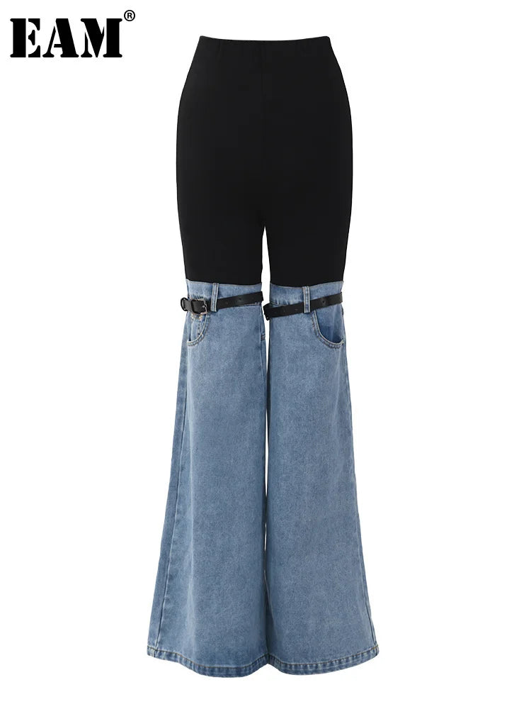 [EAM] High Waist Blue Color-block Denim Long Wide Leg Jeans New Loose Women Trousers Fashion Tide Spring Autumn 2026 17A2013H01