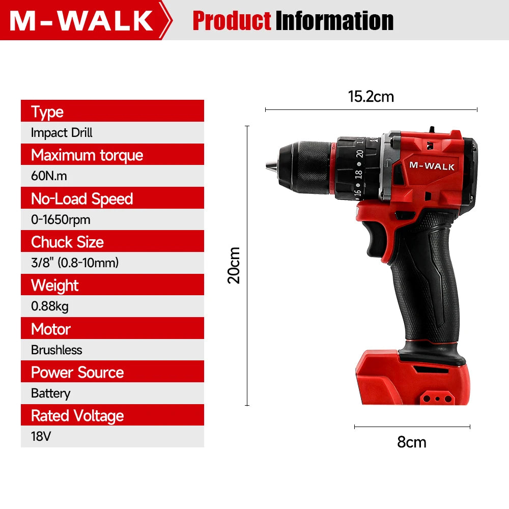 M-WALK Professional Brushless Impact Drill Compact & Lightweight Design Stepless Electric Drill For M 18V Battery Pin
