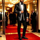 Men Black Sequin Blazer With White Embroidery Trim Slim Fit Peak Lapel Jacket Formal Wedding Groom Tuxedo For Party Prom
