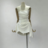 TWOTWINSTYLE Sexy Slimming Spliced Shirring Irregular Dress for Women Strapless Sleeveless Patchwork Ribbon Mini Dresses Female