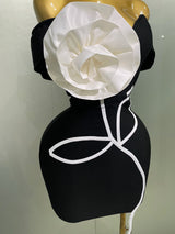 Women 2025 New Sexy Off Shoulder White Flower Black Mini Bodycon Bandage Dress Luxury Celebrity Evening Club Elegant Party Gowns