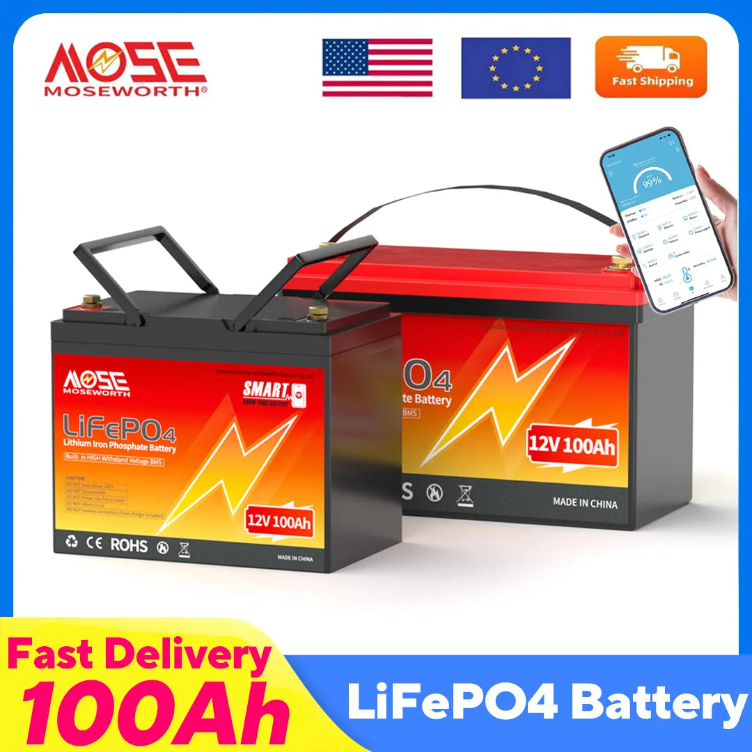 MOSEWORTH LiFePO4 12V 100Ah Battery Pack 12.8V Lithium Battery 8000+ Cycles With Bluetooth BMS Grade A For Boat RV Campers