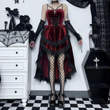 Gothic Low Swing Cocktail Party Dress Women's Vintage Goth Lace Smocked Elastic Waist Pleated Flowy Bodycon Dresses