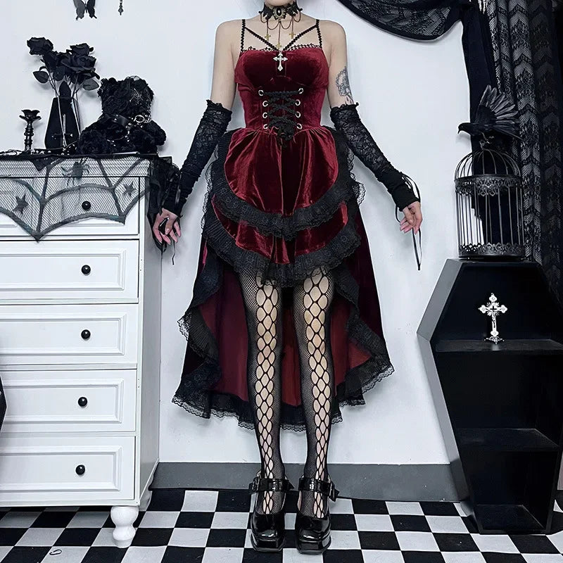Gothic Low Swing Cocktail Party Dress Women's Vintage Goth Lace Smocked Elastic Waist Pleated Flowy Bodycon Dresses