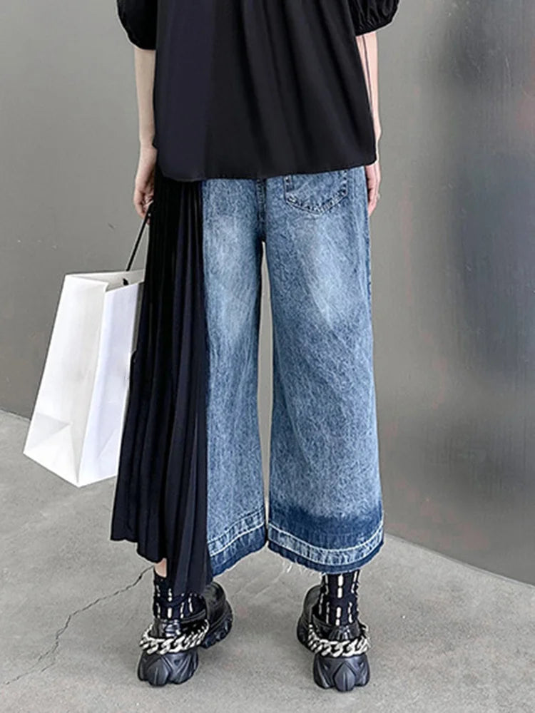 [EAM] High Waist Army Green Denim Pleated Long Wide Leg Jeans New Loose Women Trousers Fashion Tide Spring Autumn 2026 1DF7325