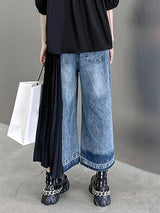 [EAM] High Waist Army Green Denim Pleated Long Wide Leg Jeans New Loose Women Trousers Fashion Tide Spring Autumn 2026 1DF7325