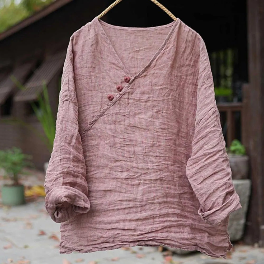 Johnature Women Vintage T-Shirts Striped Tees 2026 Spring New Chinese Style V-Neck Long Sleeve Button Loose Female T-Shirts