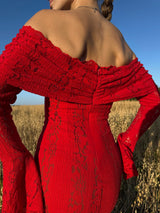 Suninheart White Maxi Wedding Guest Dress Women 2025 Elegant Off The Shoulder evening party dresses red lace flare sleeve dress