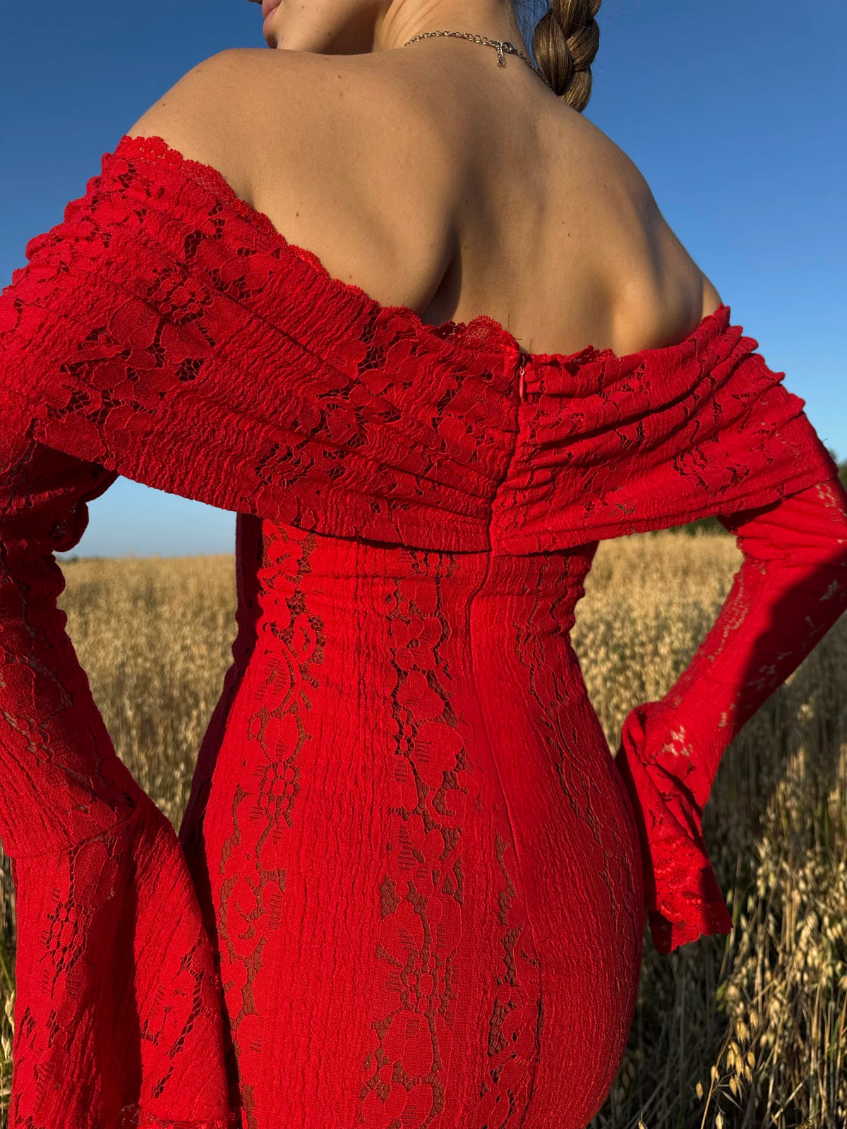 Suninheart White Maxi Wedding Guest Dress Women 2025 Elegant Off The Shoulder evening party dresses red lace flare sleeve dress