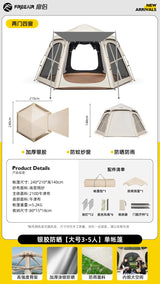 5-8 Persons Automatic Pop Up Camping Tent with Foldable Titanium Silver Cross Hexagonal UV Protection Panoramic Integrated Canop