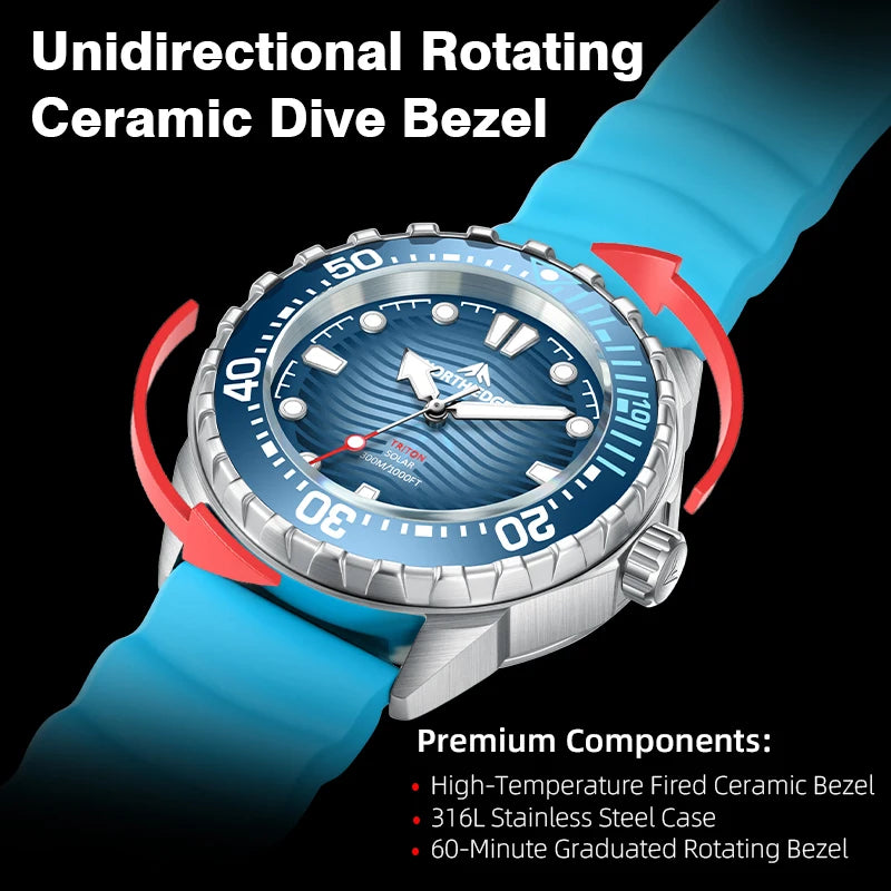 NORTH EDGE 2026 New TRITON Solar Powered Dive Watch Men Luxury Digital Watches For Men 316L Stainless Steel Case Waterproof 300M