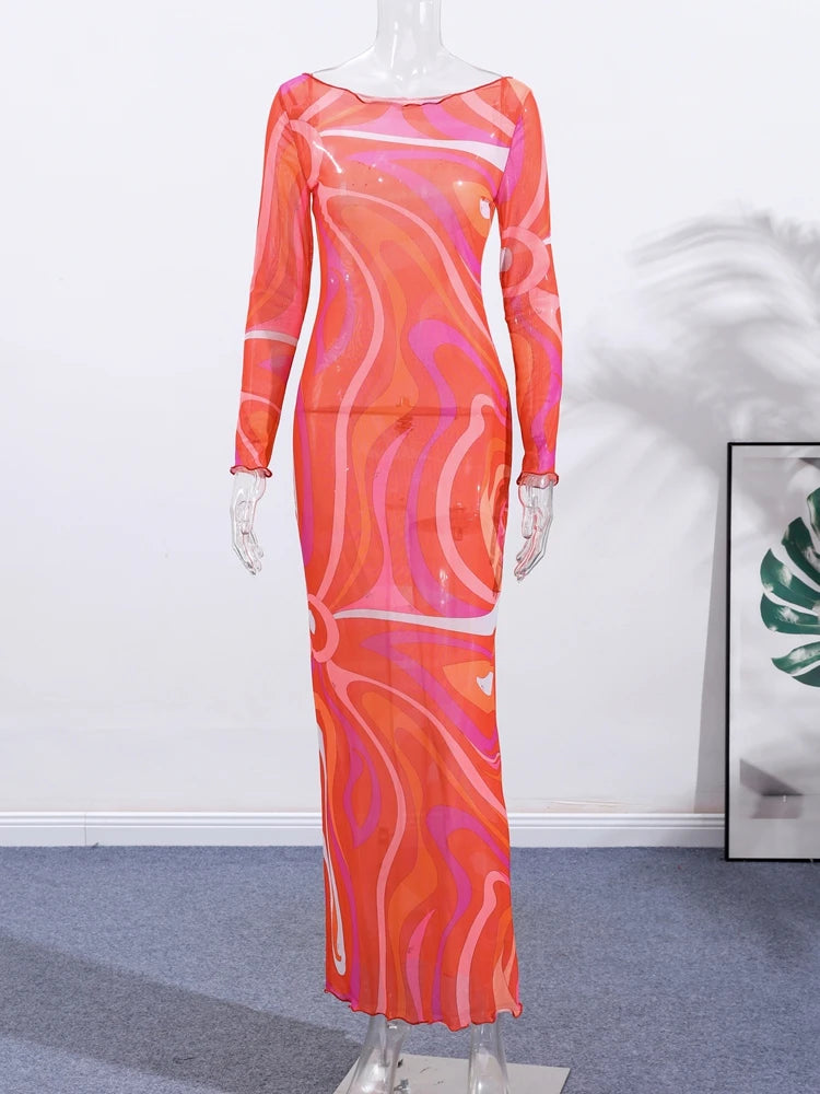 Elegant Print Mesh Long Dress For Women Sexy Deep O-neck Sleeveless Perspective Maxi Dress Lady Summer Chic Beach Robes