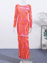 Elegant Print Mesh Long Dress For Women Sexy Deep O-neck Sleeveless Perspective Maxi Dress Lady Summer Chic Beach Robes