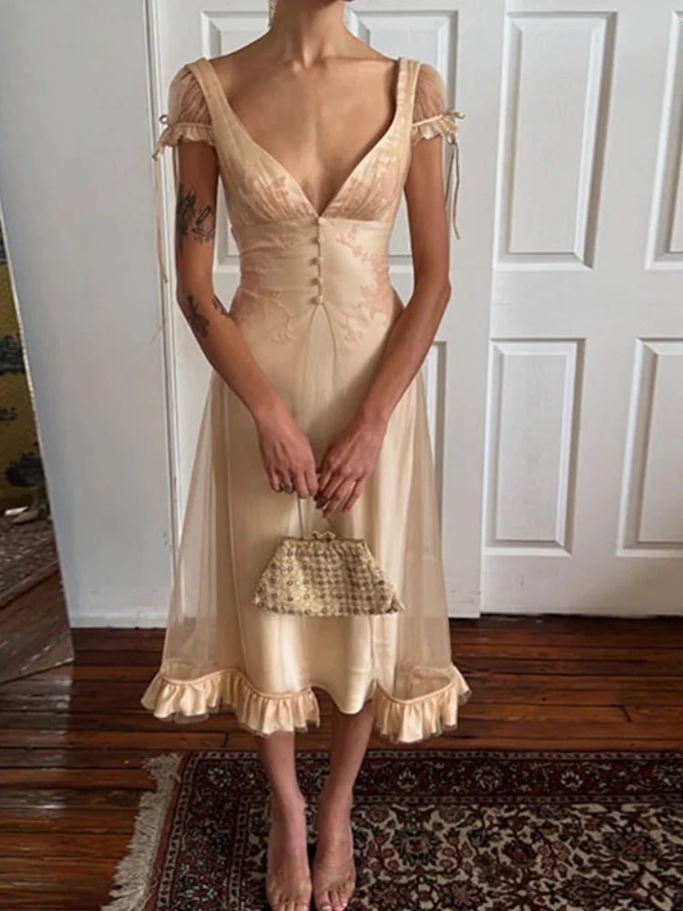 Vintage Chic Women Dress Deep V Neck Mesh Spliced Satin Tie Strap Back Bow Ruffle Hem Midi Dresses 2026 Summer Party Guest Gown