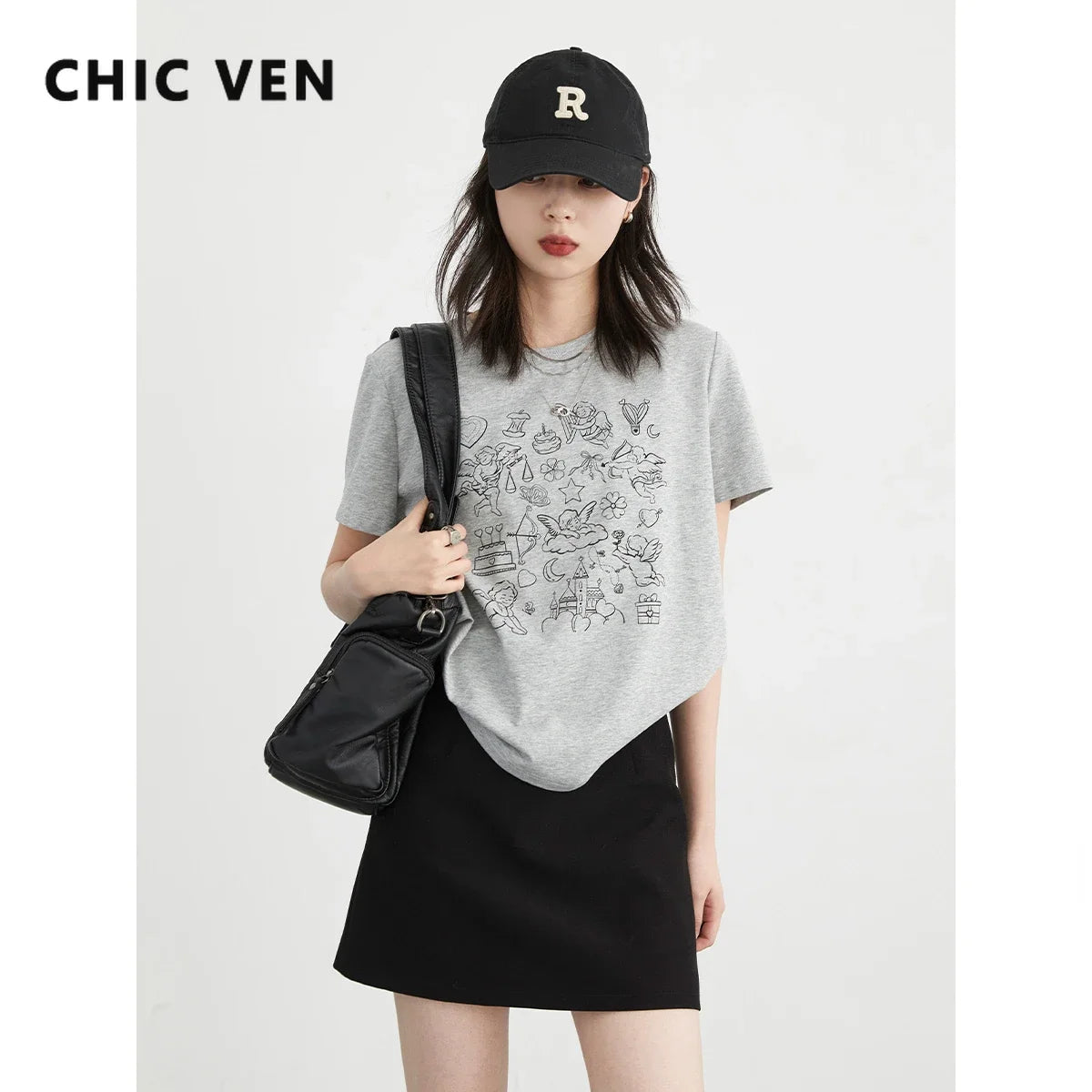 CHIC VEN Korean Fashion Women T-Shirts Loose New O Neck Short Sleeve Printed Girl Tees Slim Female Top Spring Summer 2026