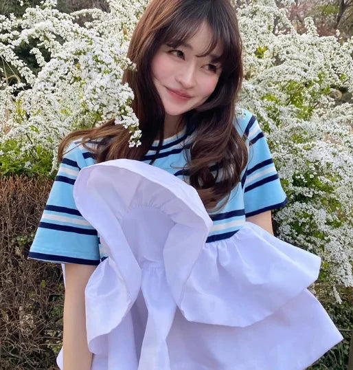Japanese Contrasting Striped Ruffle Short-sleeved T-shirt Top Women Summer New Elastic High-waisted Slim-fitting Striped Tshirt