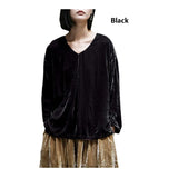 Original Design Spring Autumn Women's Mulberry Silk Velvet V-neck Pullover Loose Large Size Pleated Shirt Smooth Glossy Clothes