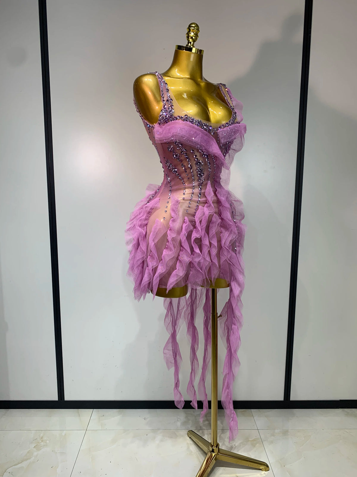 Women Sexy Mesh Ruffle See Through Mini Dress Sparkly Rhinestone Evening Party Prom Gown Nightclub Singer Stage Costume