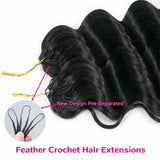 Deep Wave Feather Crochet Human Hair Extensions Knotless Miracle Knots Hair Pre-Separated Pre-Fluffed Deep Curly Human Crochet Hair With String Pre-Looped Reusable Lightweight 60G/pack