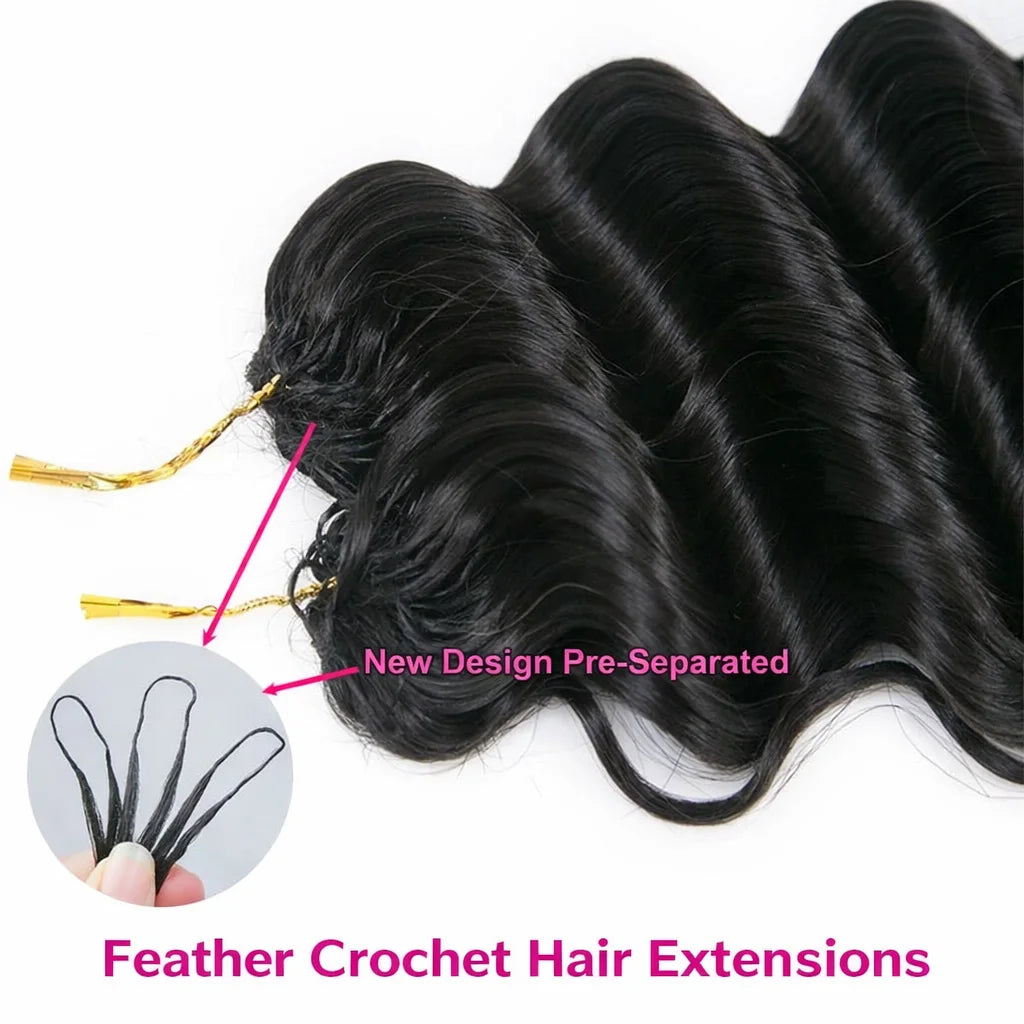 Deep Wave Feather Crochet Human Hair Extensions Knotless Miracle Knots Hair Pre-Separated Pre-Fluffed Deep Curly Human Crochet Hair With String Pre-Looped Reusable Lightweight 60G/pack
