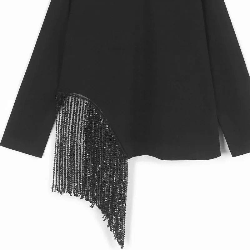 [EWQ] Korean Style Unique Design Beaded Tassel T-Shirt Long Sleeve Beautiful Pullover All Match T Shirt For Women Autumn New