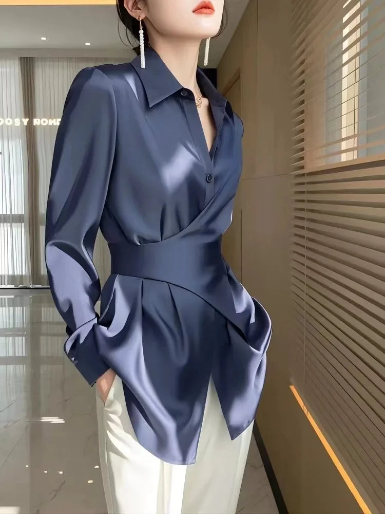 French Temperament and Frigidity Are Unique and Unique Small Tops, Blue Satin Waist-hugging Shirts for Women